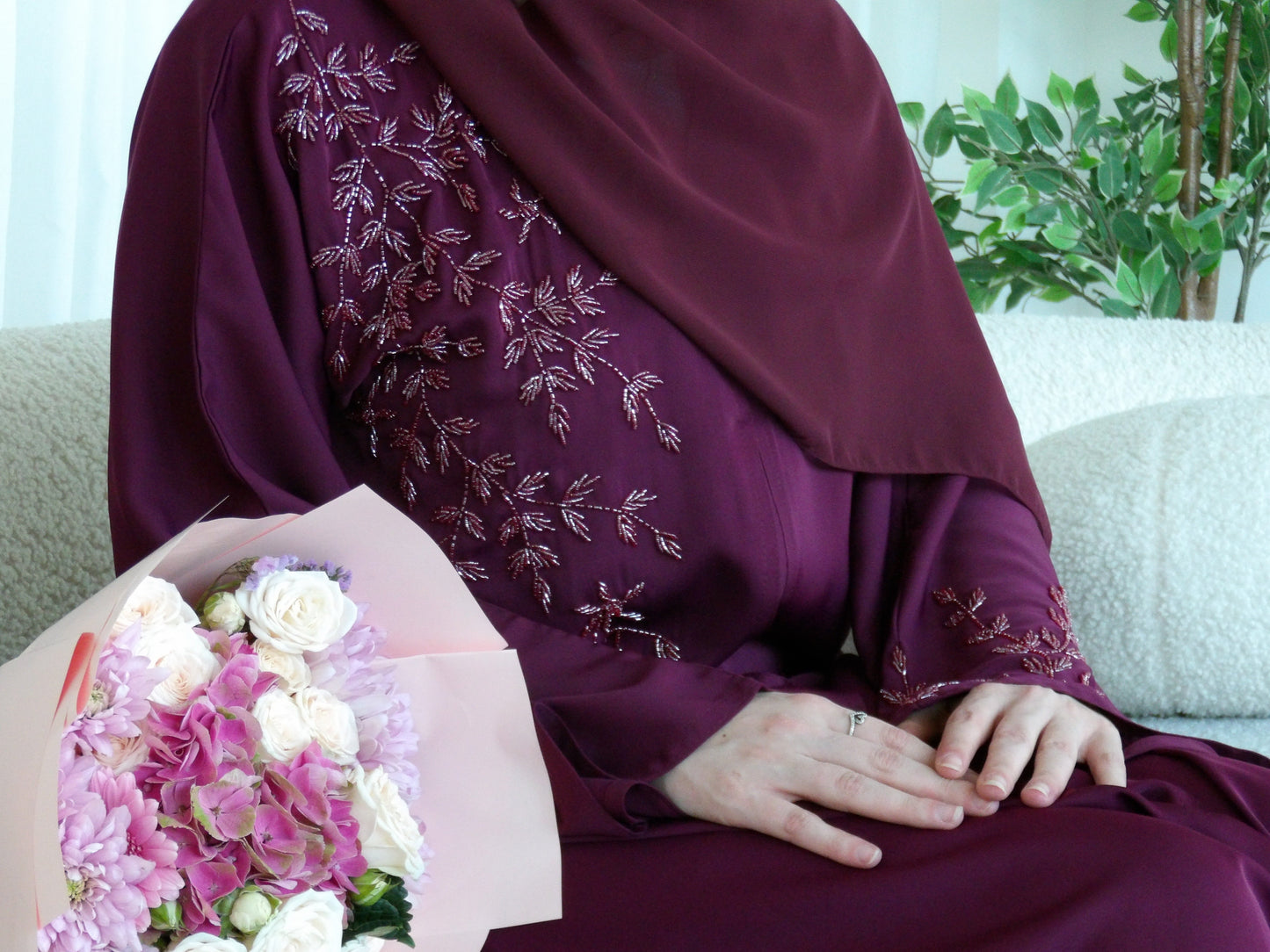 Husnaa Abaya in Burgundy - (Open abaya)